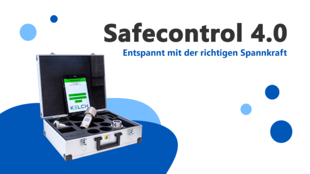 Ein Koffer mit dem Spannkraft-Messgerät Safecontrol 4.0. Daneben ist die Aufschrift: Safecontrol 4.0 Entspannt mit der richtigen Spannkraft. Im Hintergrund sind abstrakte Kreise in Blautönen.